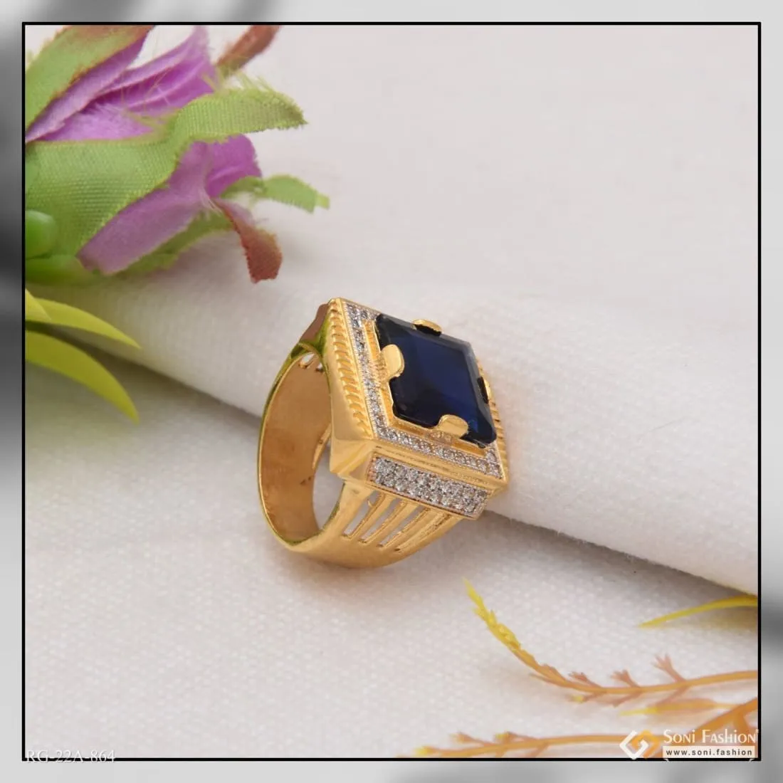 1 Gram Gold Forming Blue Stone With Diamond Fashionable Design Ring - Style A864