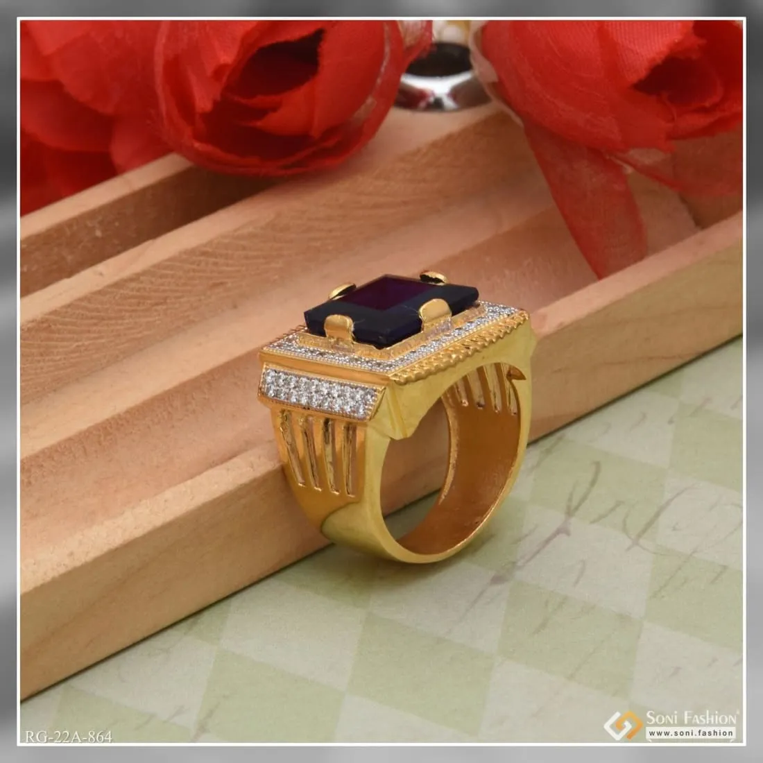 1 Gram Gold Forming Blue Stone With Diamond Fashionable Design Ring - Style A864