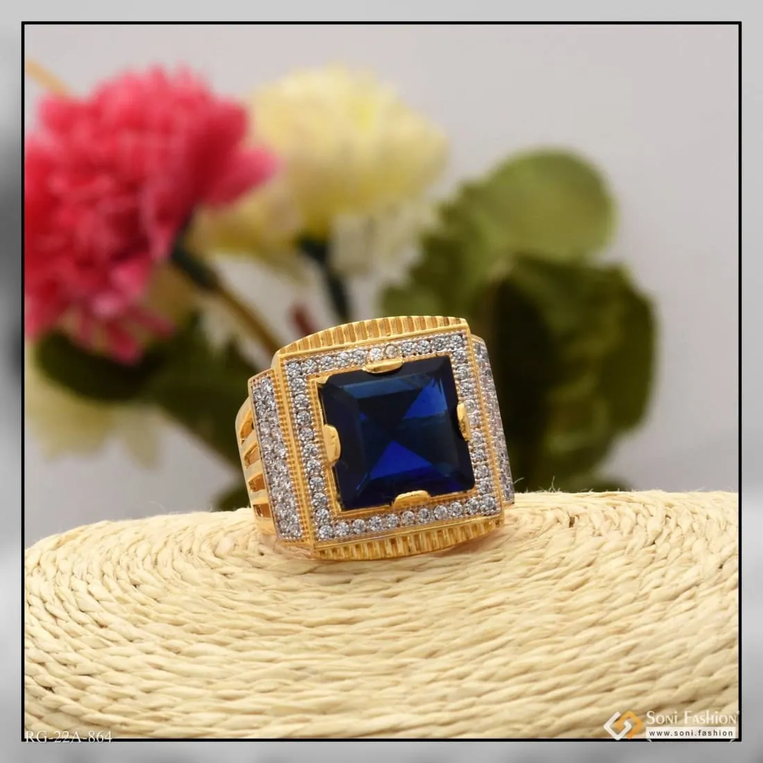 1 Gram Gold Forming Blue Stone With Diamond Fashionable Design Ring - Style A864