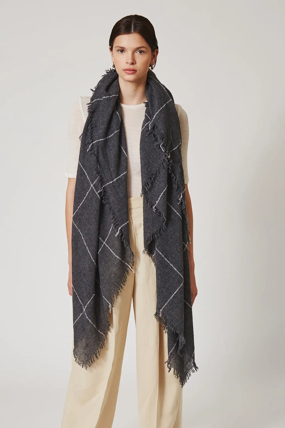 100% Cashmere Scarf Charcoal Windowpane