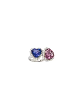 10.81ct Diamond Tourmaline Tanzanite 18K Gold Heart Pear Toi et Moi Ring