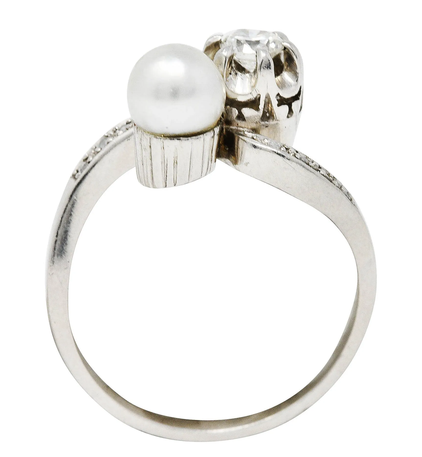 1920's Art Deco Diamond Pearl Platinum Toi Et Moi Bypass Ring