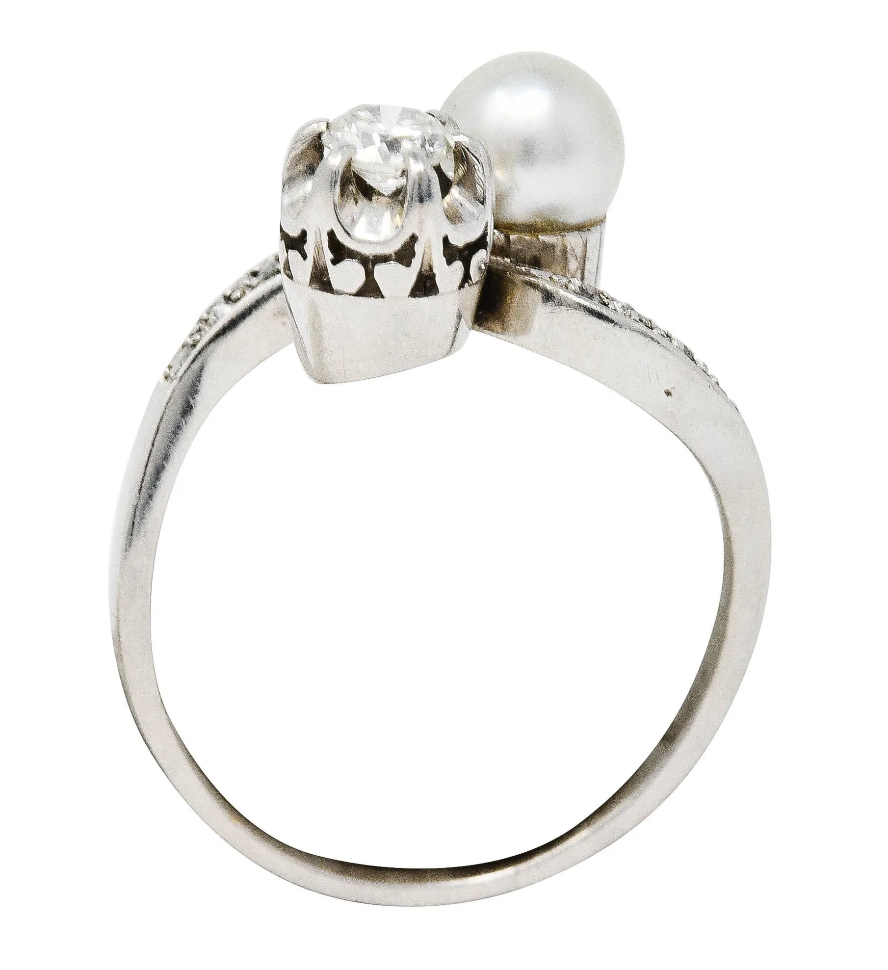 1920's Art Deco Diamond Pearl Platinum Toi Et Moi Bypass Ring