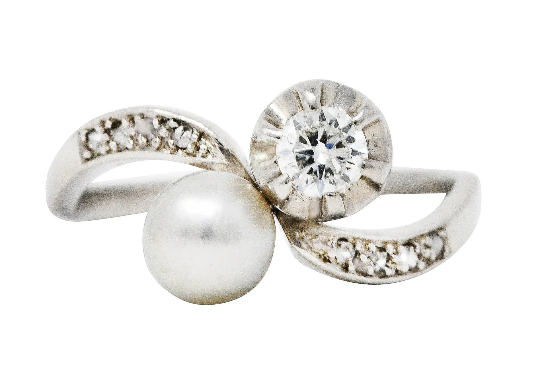 1920's Art Deco Diamond Pearl Platinum Toi Et Moi Bypass Ring