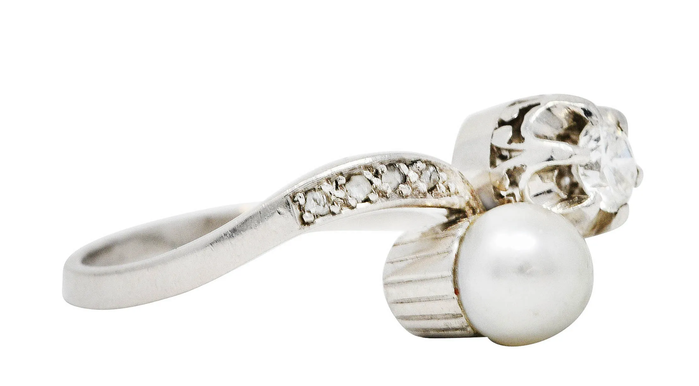 1920's Art Deco Diamond Pearl Platinum Toi Et Moi Bypass Ring