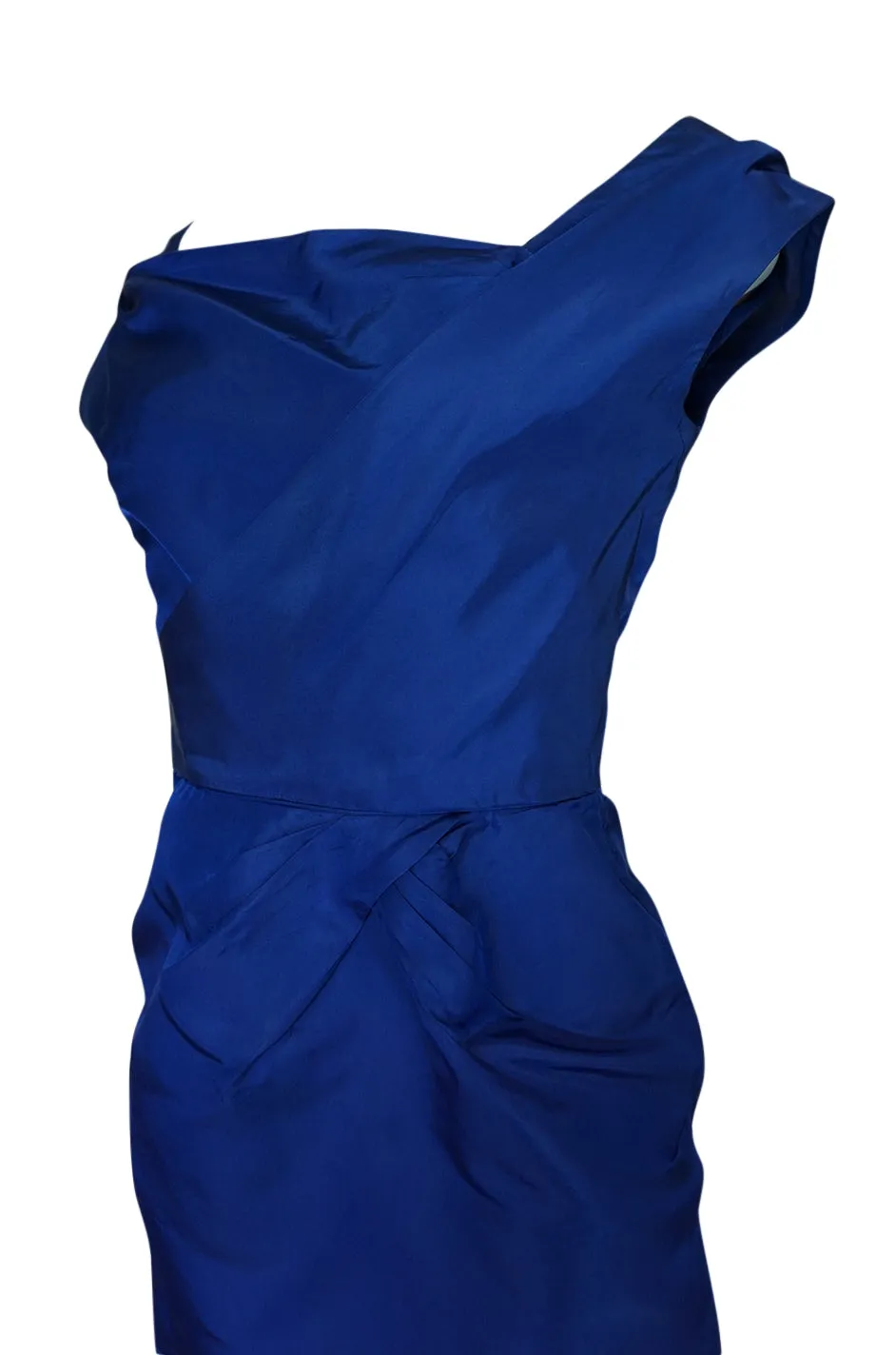 1950s Ceil Chapman Slight Off Shoulder Fitted Blue Silk Dress