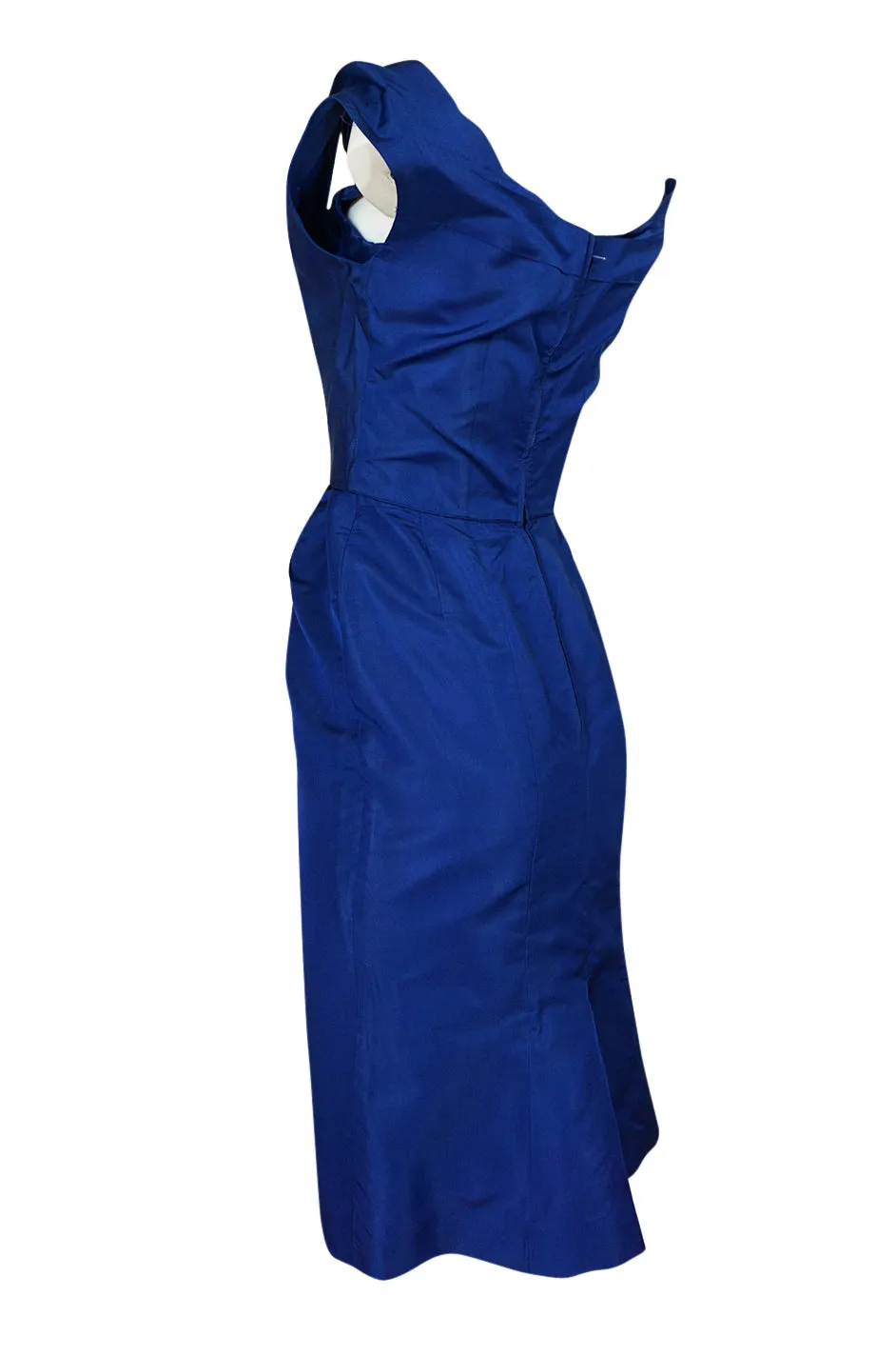 1950s Ceil Chapman Slight Off Shoulder Fitted Blue Silk Dress