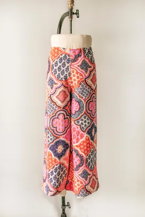 1970s Palazzo Pants Linen Paisley Wide Leg S