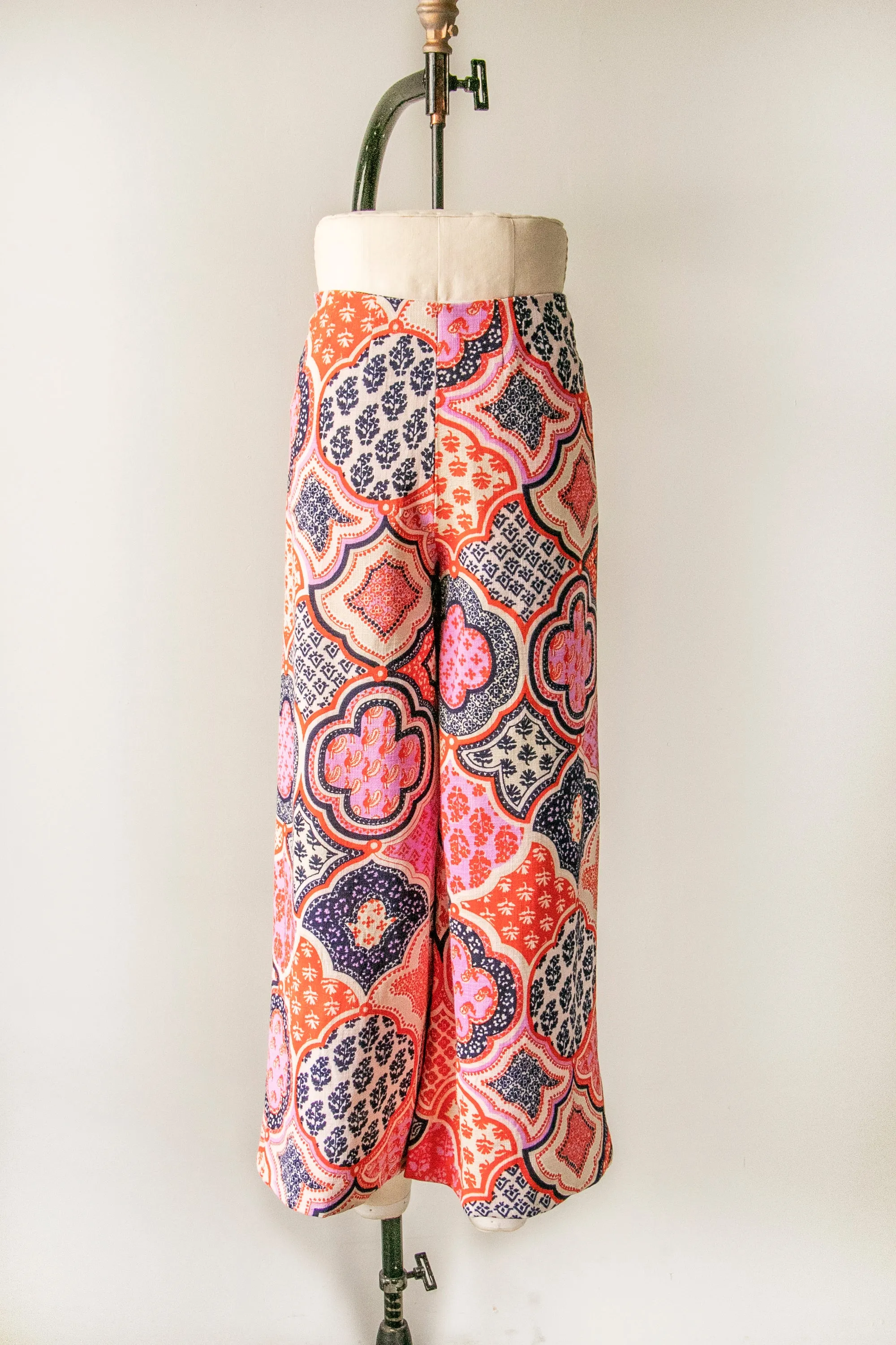 1970s Palazzo Pants Linen Paisley Wide Leg S