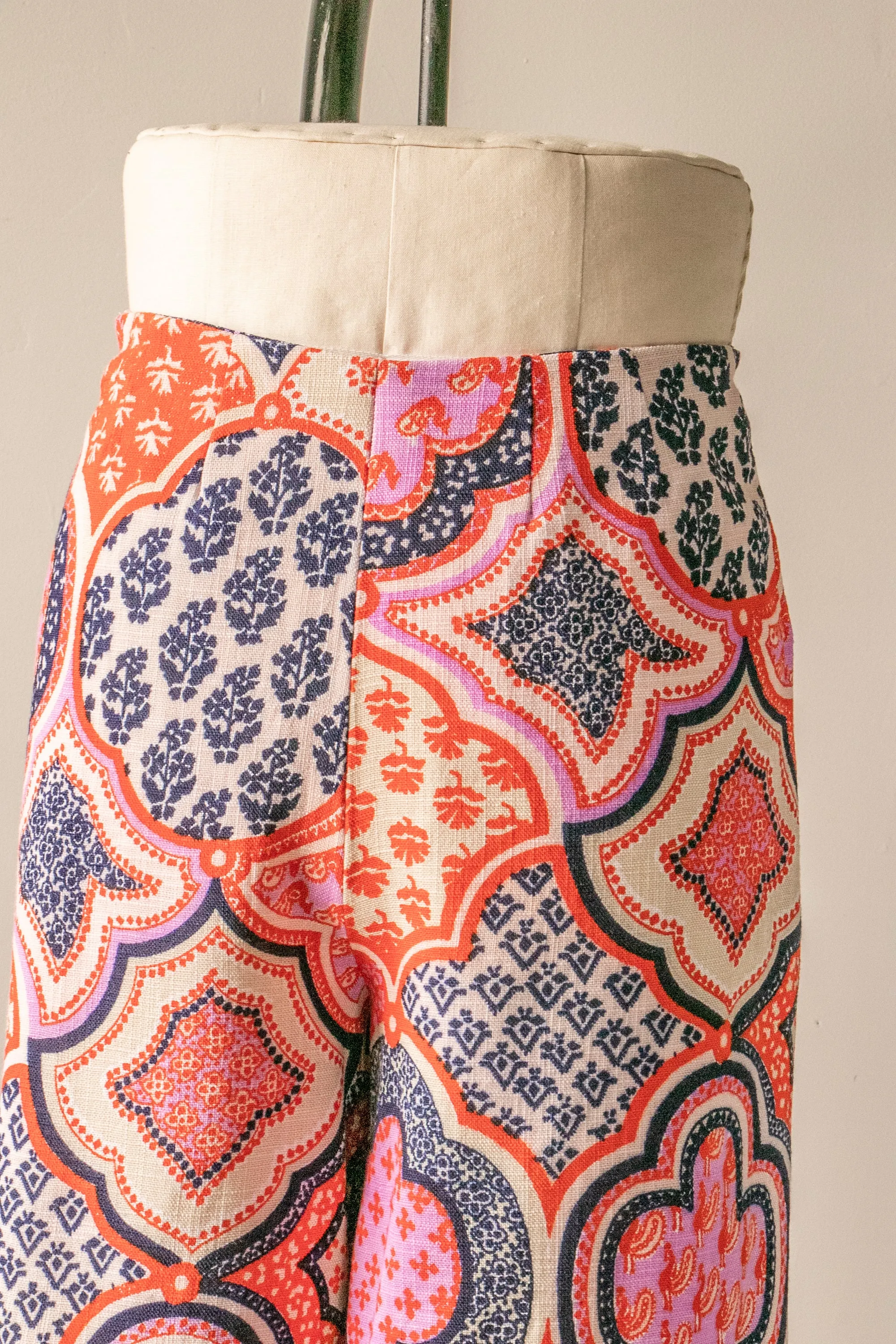 1970s Palazzo Pants Linen Paisley Wide Leg S