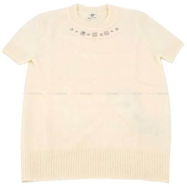 2021 AW HERMES Knit short sleeve Sweater Medor charm #34 ivory Wool100% Silver HW[EXCELLENT][Authentic]