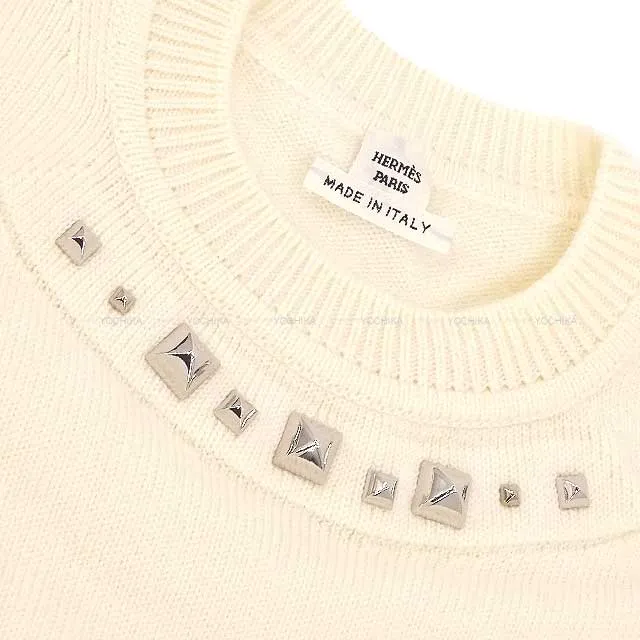 2021 AW HERMES Knit short sleeve Sweater Medor charm #34 ivory Wool100% Silver HW[EXCELLENT][Authentic]