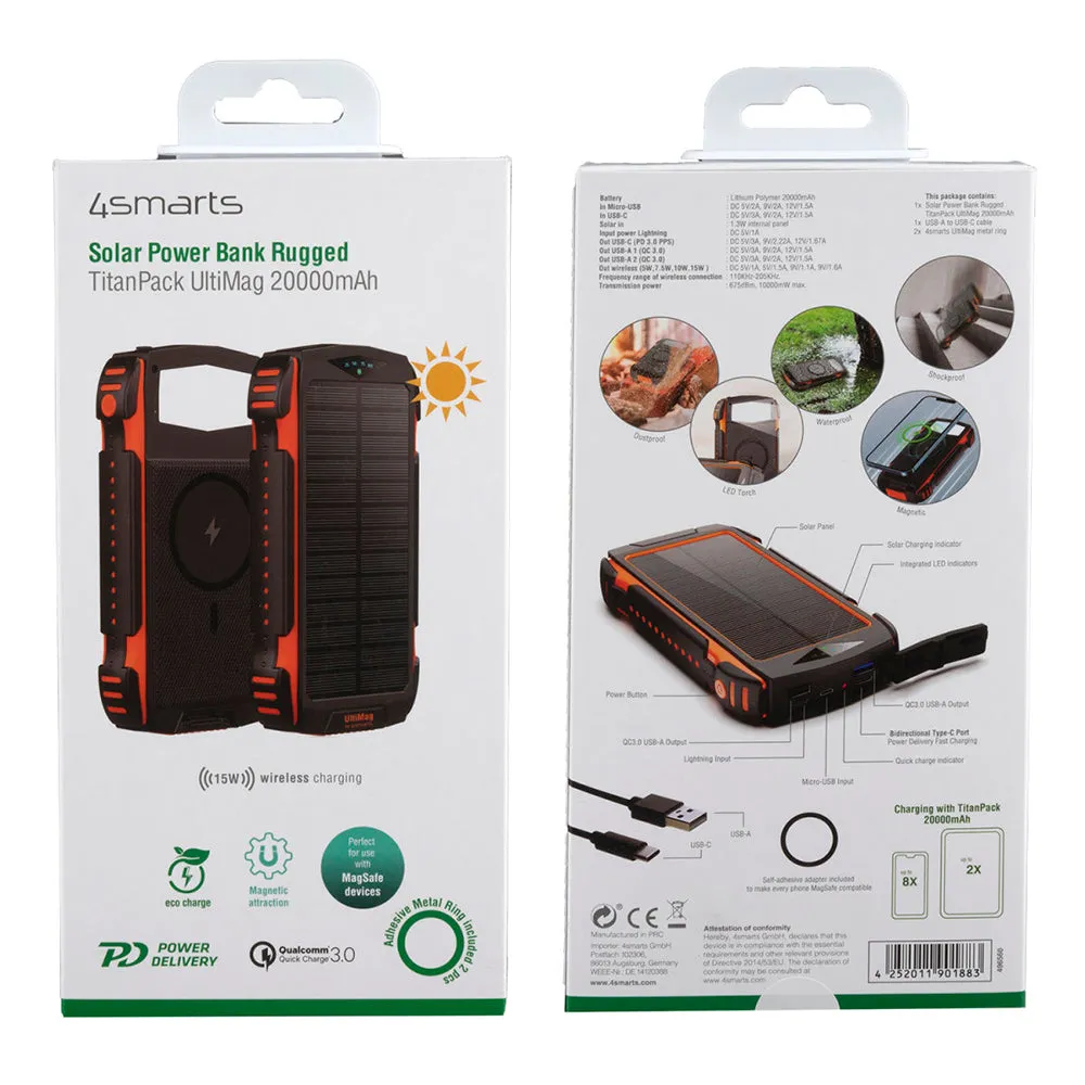 4smarts Titanpack UltiMag Solar 20W Powerbank 20.000mAh - USB-C & 2 x USB-A - MagSafe Kompatibel - Sort