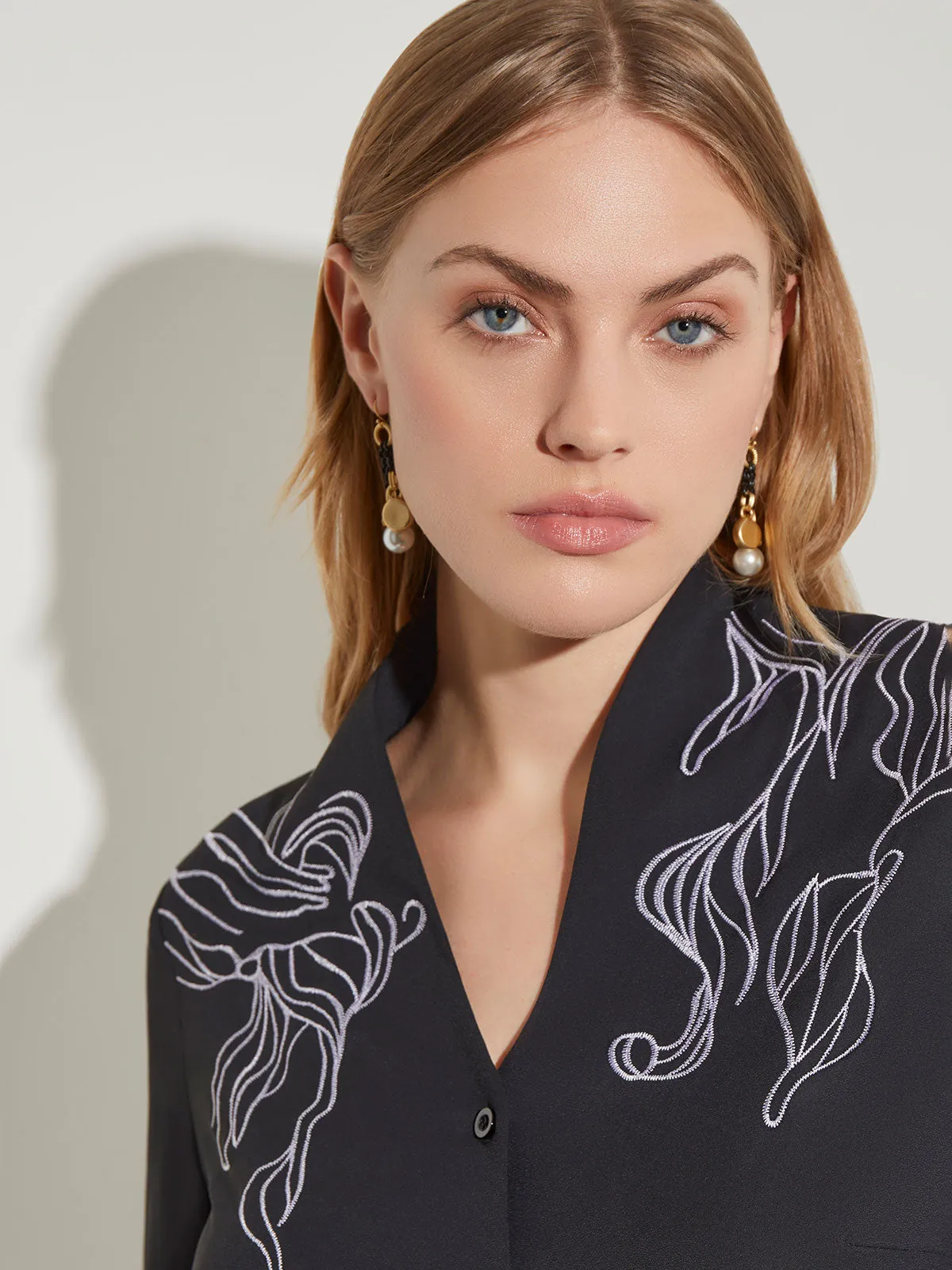 Abstract Stitch Embroidered Button-Front Crepe Blouse