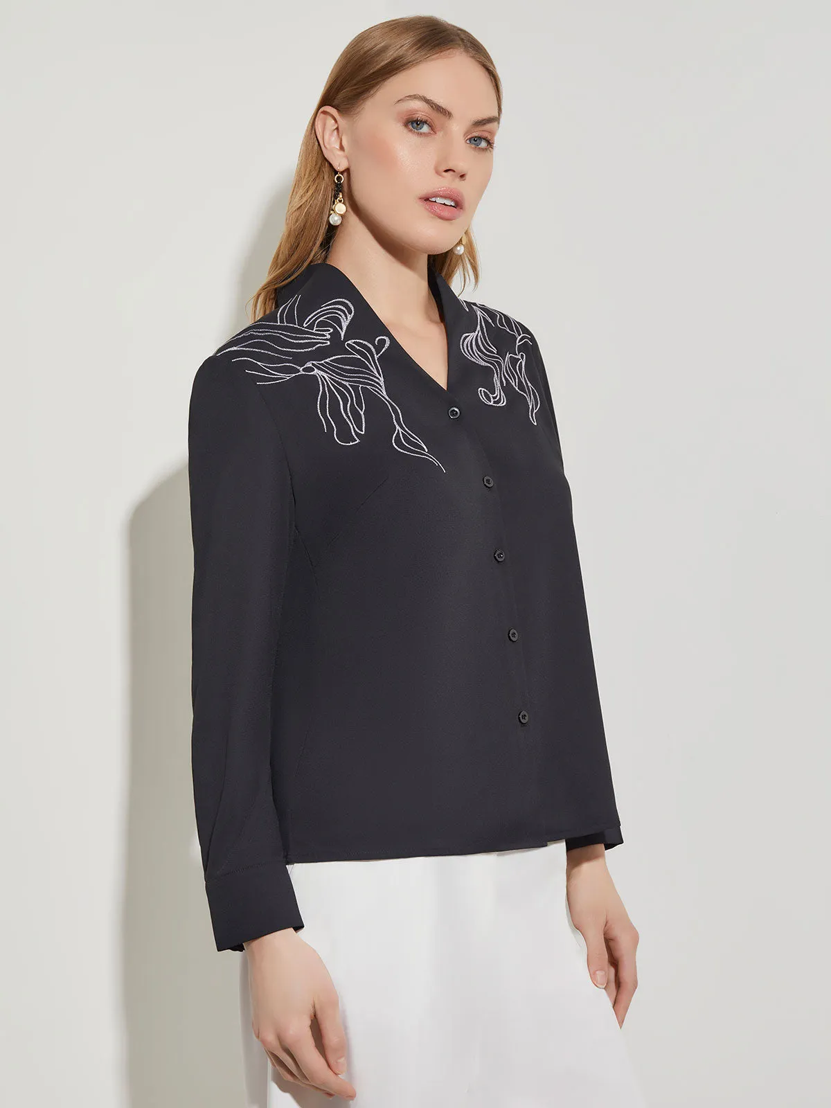 Abstract Stitch Embroidered Button-Front Crepe Blouse