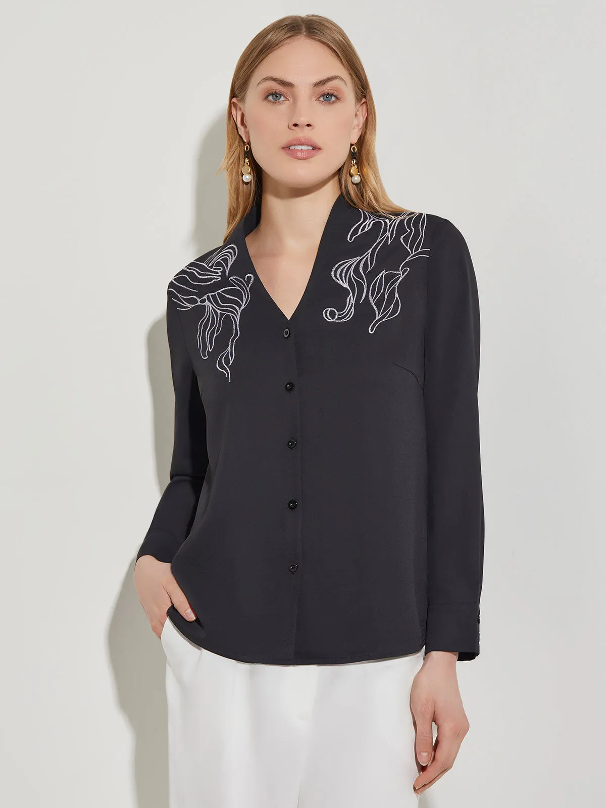 Abstract Stitch Embroidered Button-Front Crepe Blouse