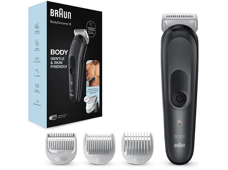 Afeitadora corporal – Braun 3 BG3340, Para hombres, Peine para zonas sensibles, Negro