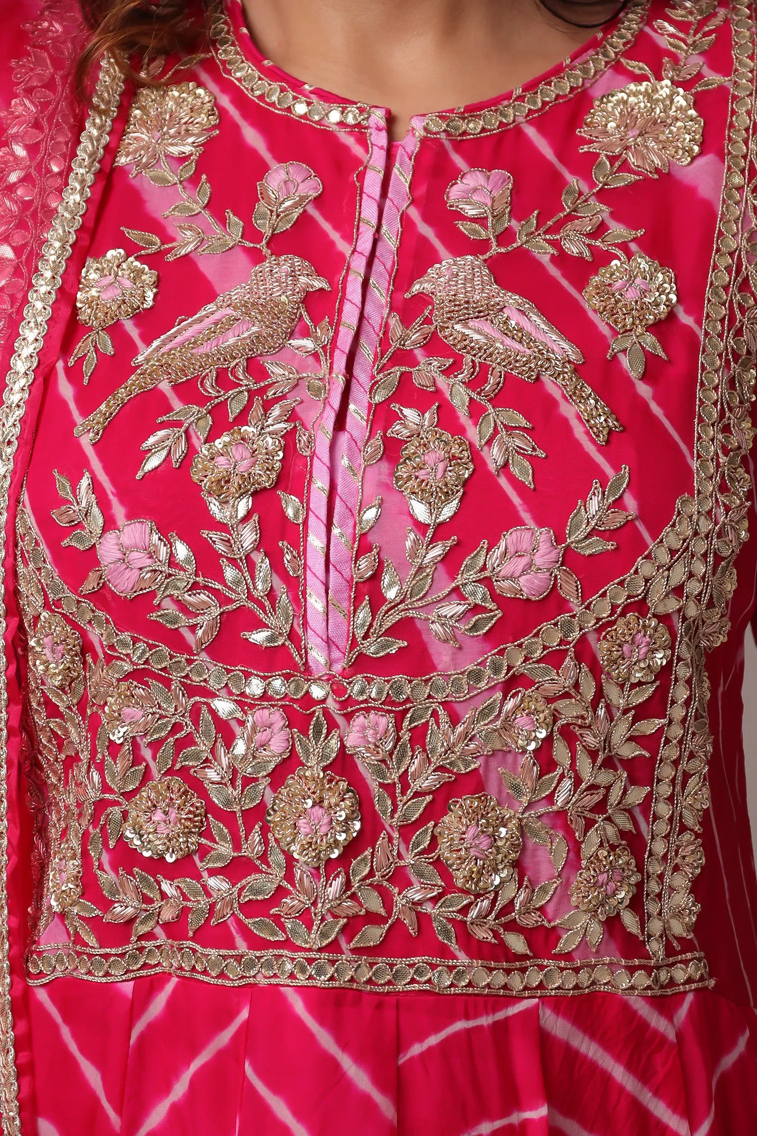 Anarkali Leheriya Organza Suit with Zardozi work.