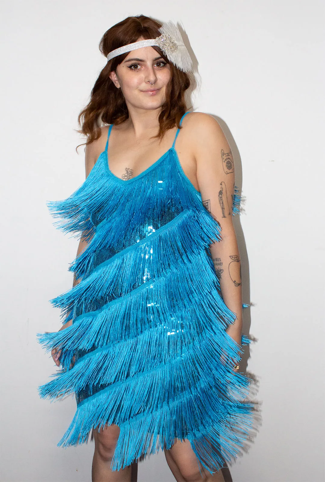 Aqua Blue Diagonal Fringe Sequined Flapper Dress