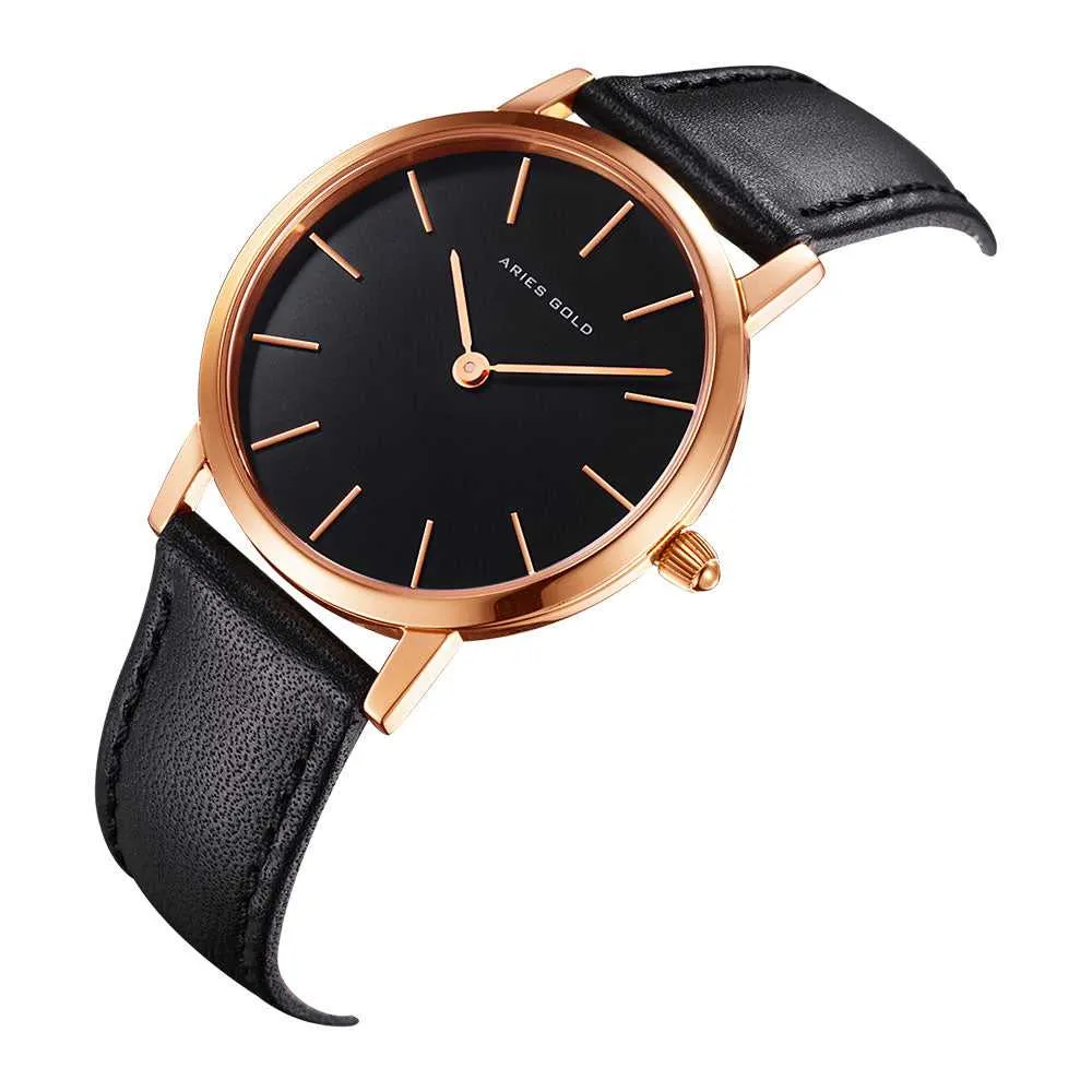 ARIES GOLD URBAN SANTOS ROSE GOLD STAINLESS STEEL L 1023 RG-BK BLACK LEATHER STRAP WOMEN'S WATCH