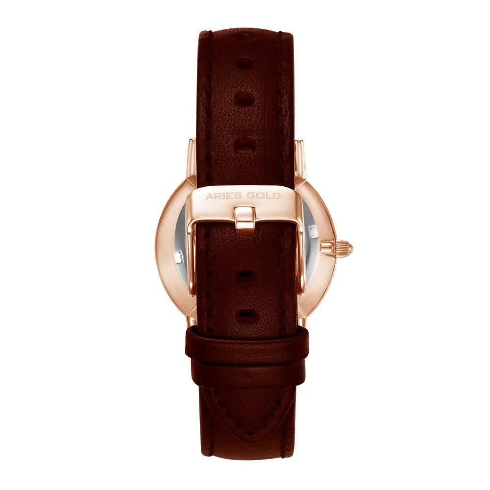 ARIES GOLD URBAN SANTOS ROSE GOLD STAINLESS STEEL L 1023 RG-W BROWN LEATHER STRAP WOMEN'S WATCH