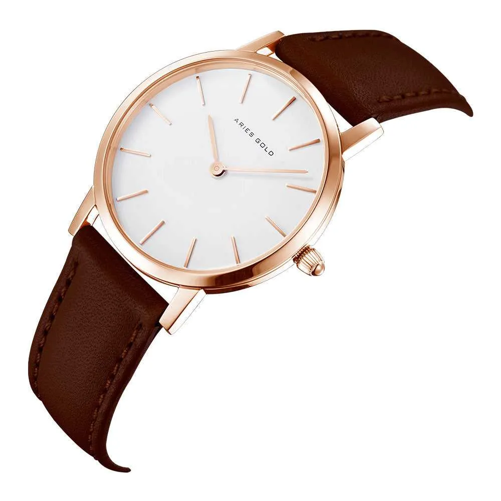 ARIES GOLD URBAN SANTOS ROSE GOLD STAINLESS STEEL L 1023 RG-W BROWN LEATHER STRAP WOMEN'S WATCH