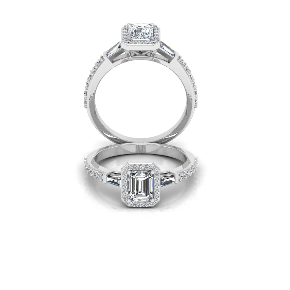 Baguette & Round Cut Halo Moissanite Engagement Ring