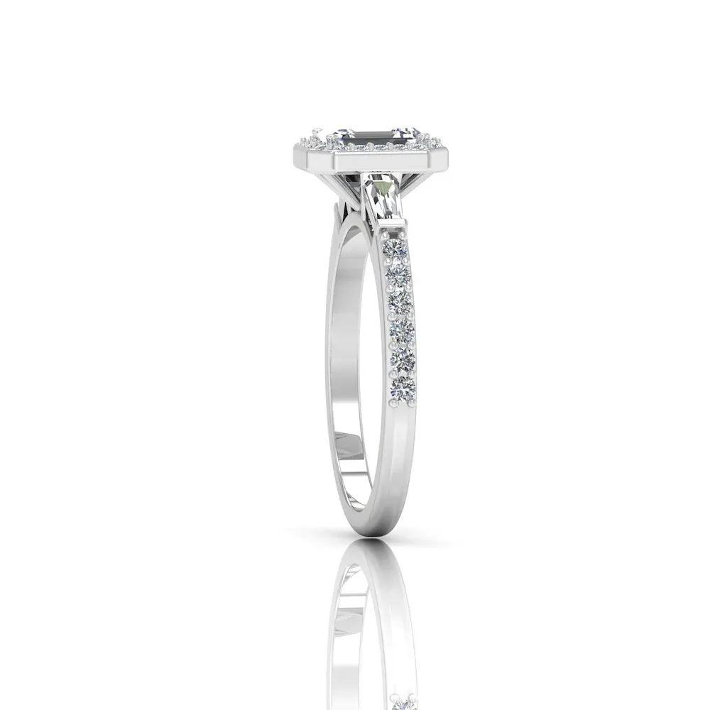 Baguette & Round Cut Halo Moissanite Engagement Ring