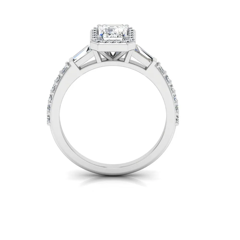 Baguette & Round Cut Halo Moissanite Engagement Ring