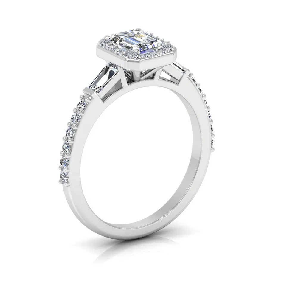 Baguette & Round Cut Halo Moissanite Engagement Ring