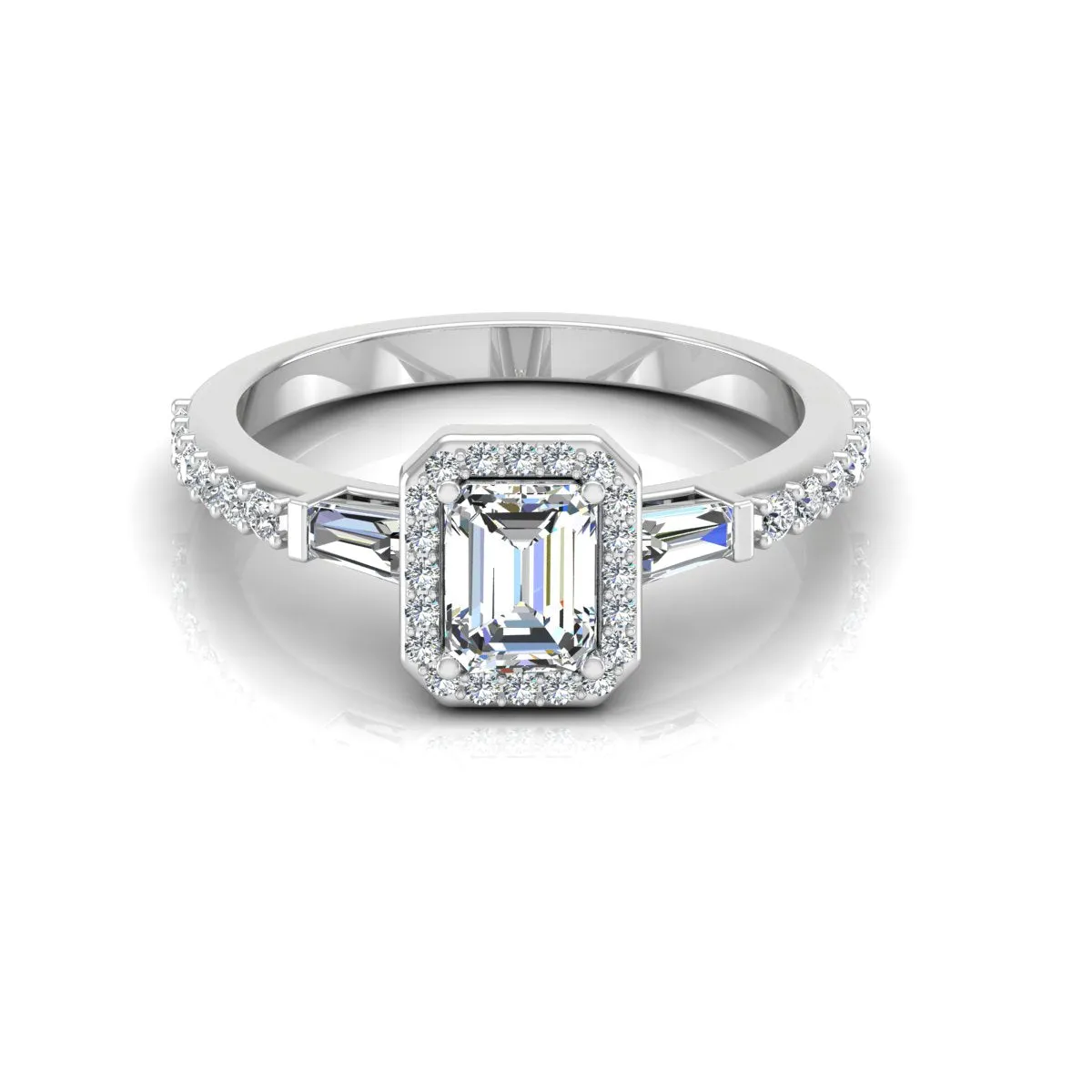 Baguette & Round Cut Halo Moissanite Engagement Ring