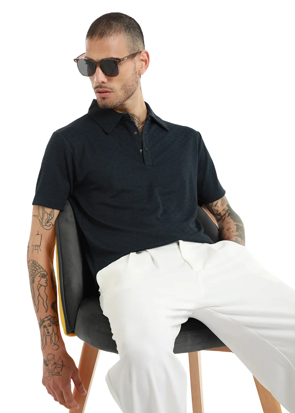 Basket Weave Dark Blue Polo T-shirt