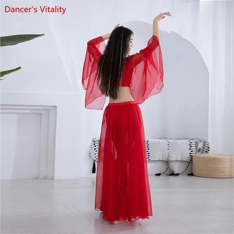 Belly Dance Costume Set Loudspeaker Sleeves sexy Split Chiffon Skirt 2pcs Customzied Adult Child Oriental Dance Wear 6XL