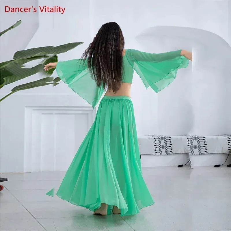 Belly Dance Costume Set Loudspeaker Sleeves sexy Split Chiffon Skirt 2pcs Customzied Adult Child Oriental Dance Wear 6XL