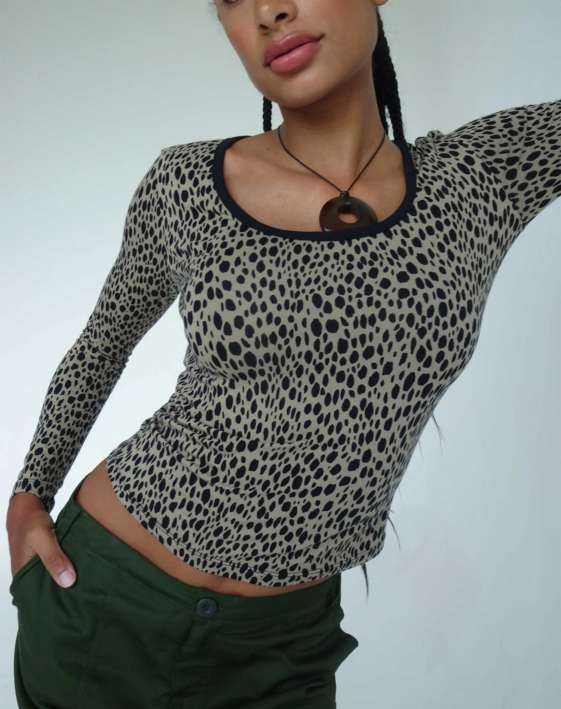 Beshi Long Sleeve Top in Mini Cheetah Black Binding