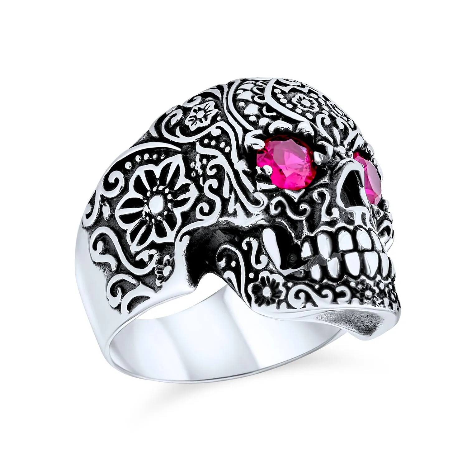 Big Day Of Dead Caribbean Pirate Red CZ Eyes Skull Head Ring Silver