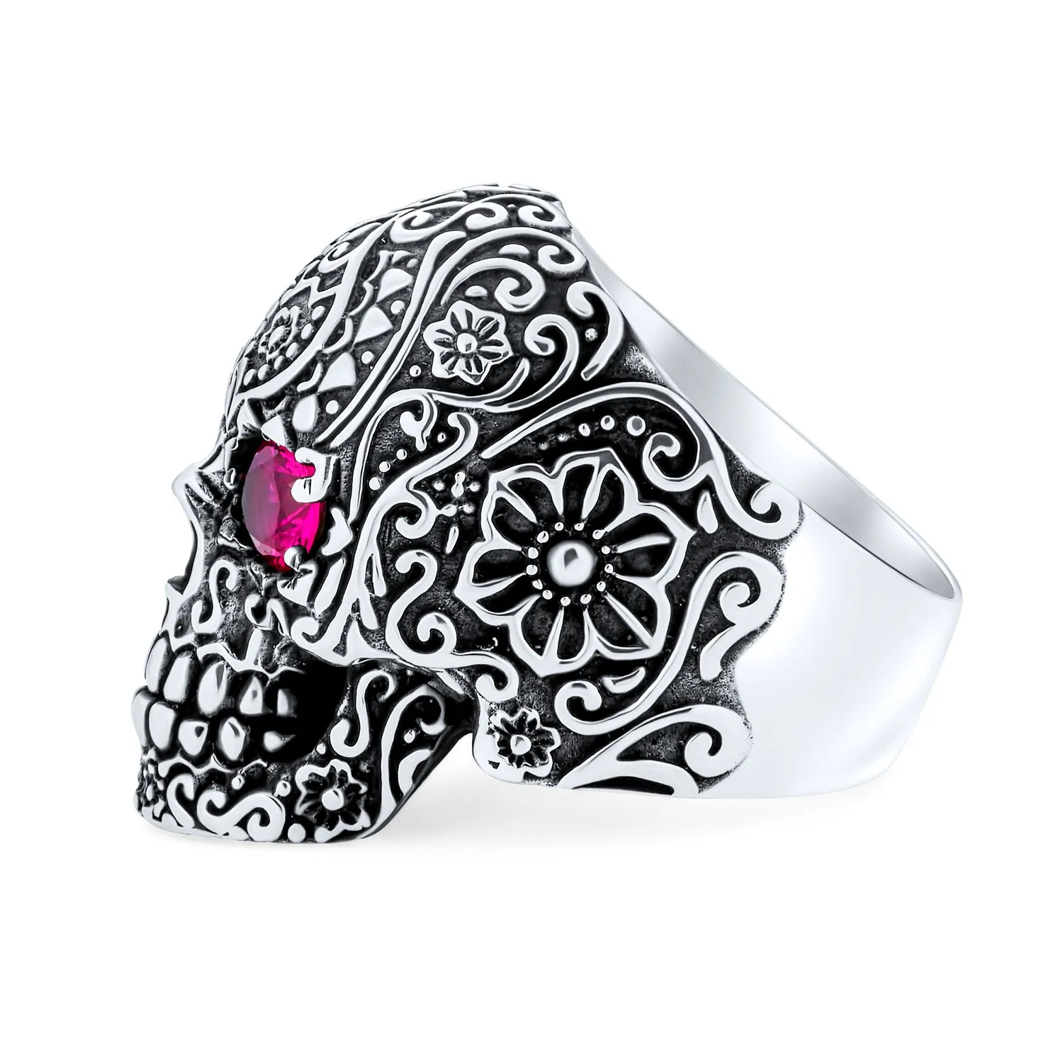 Big Day Of Dead Caribbean Pirate Red CZ Eyes Skull Head Ring Silver