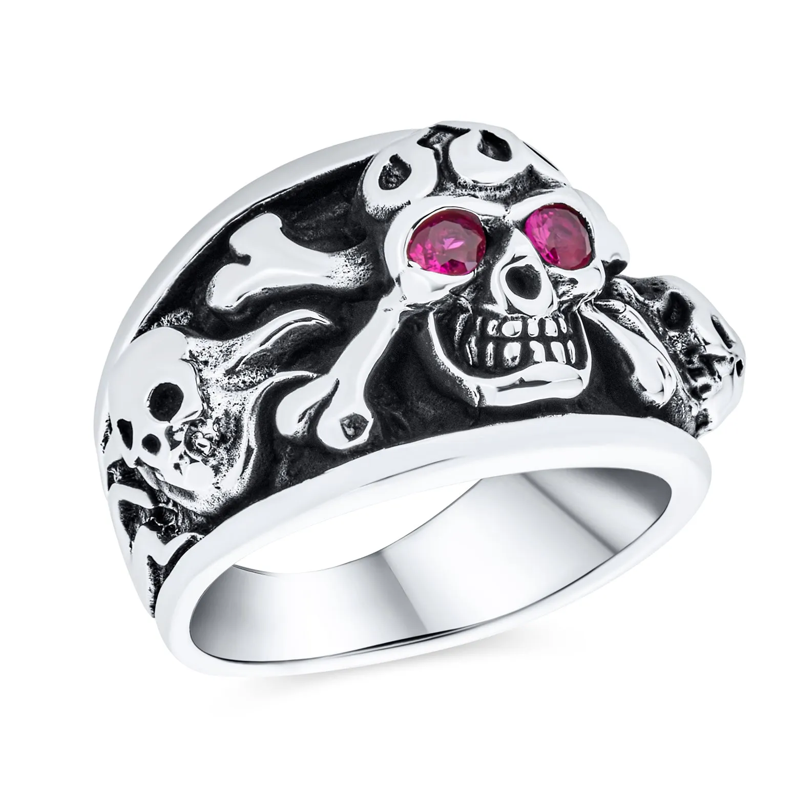 Big Day Of Dead Caribbean Pirate Red CZ Eyes Skull Head Ring Silver