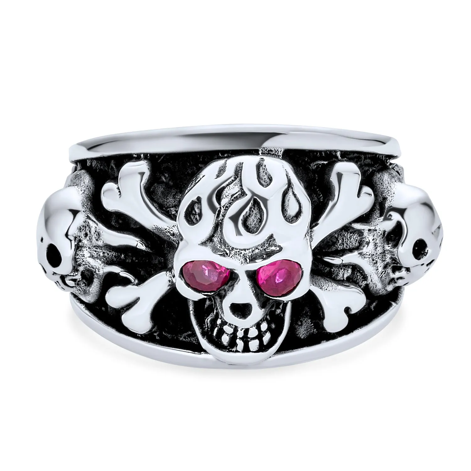 Big Day Of Dead Caribbean Pirate Red CZ Eyes Skull Head Ring Silver