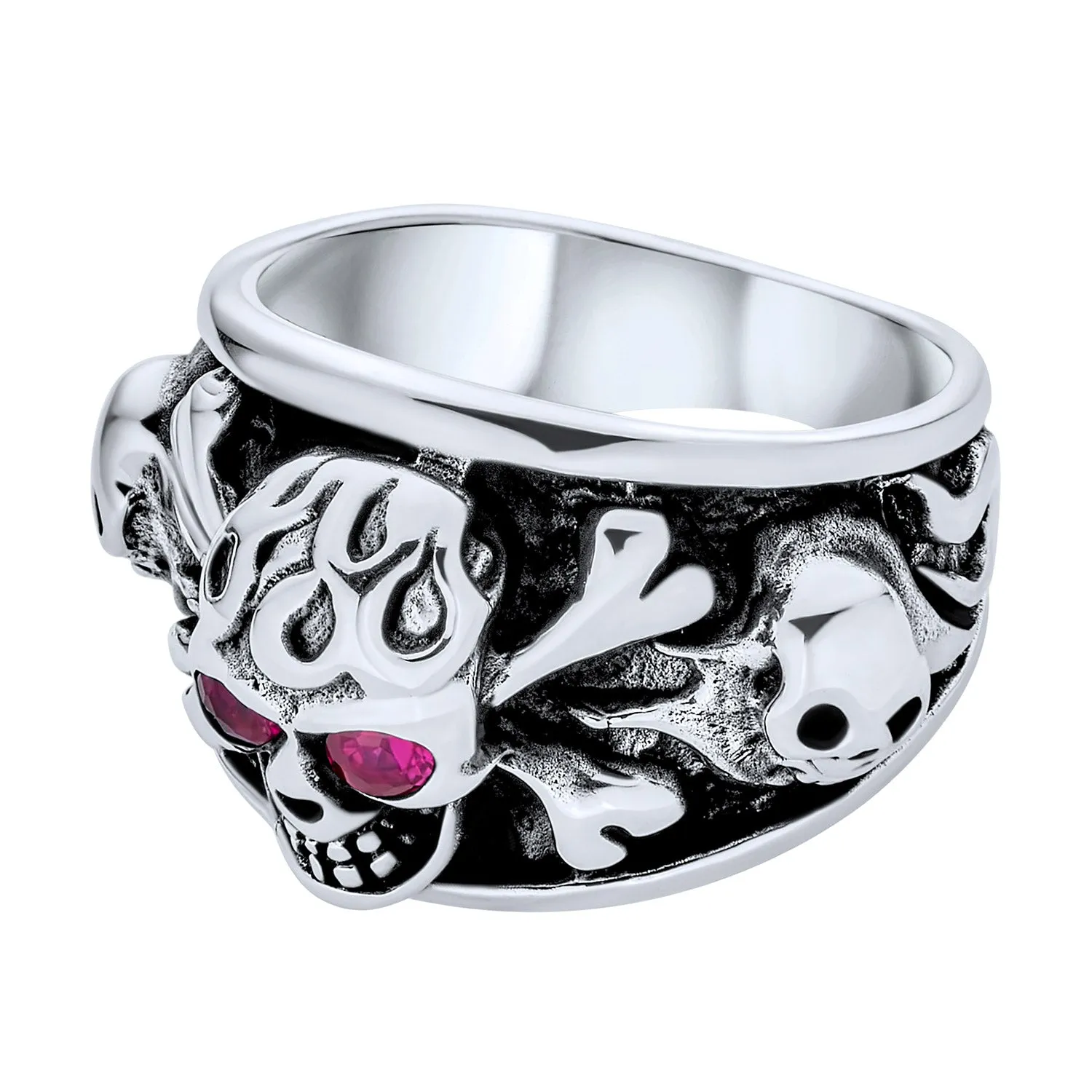 Big Day Of Dead Caribbean Pirate Red CZ Eyes Skull Head Ring Silver