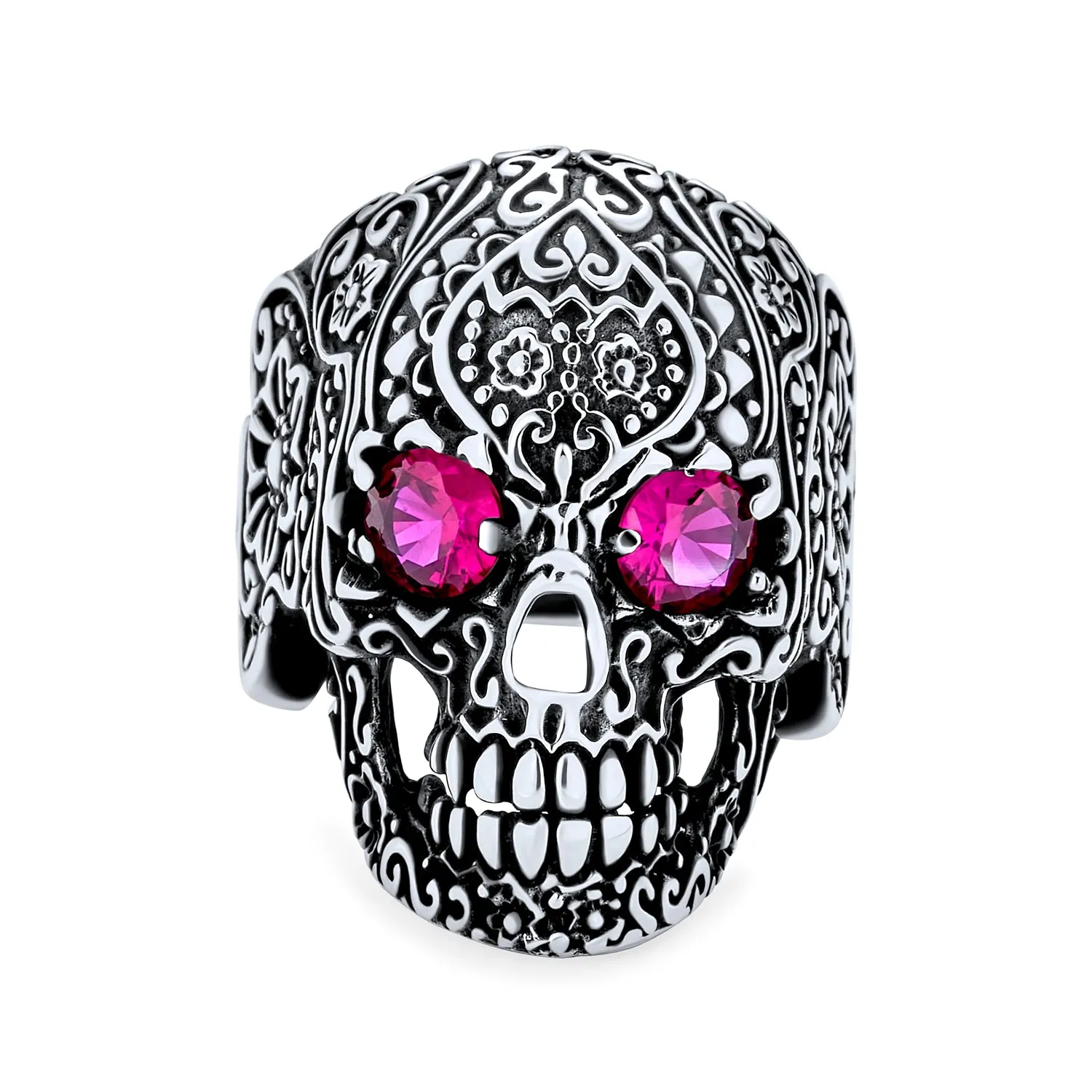 Big Day Of Dead Caribbean Pirate Red CZ Eyes Skull Head Ring Silver