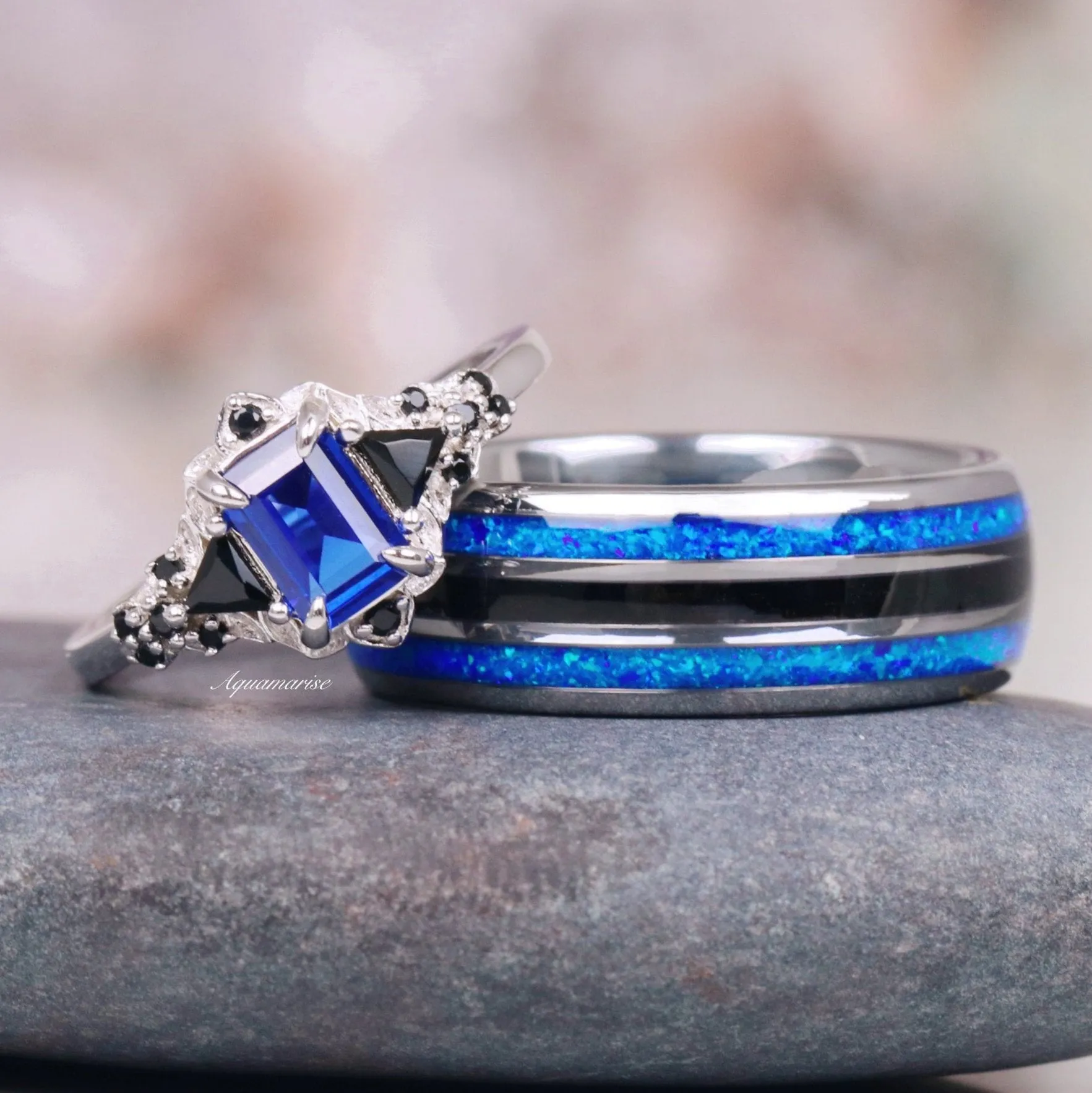 Blue Sapphire & Fire Opal Couples Ring