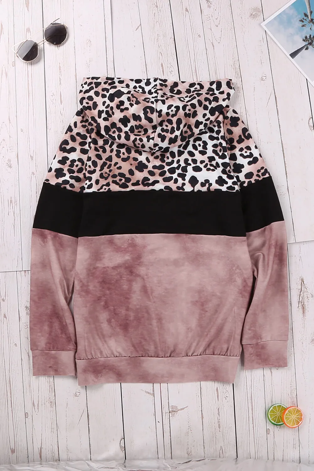 Brown Leopard Tie Dye Colorblock Hoodie