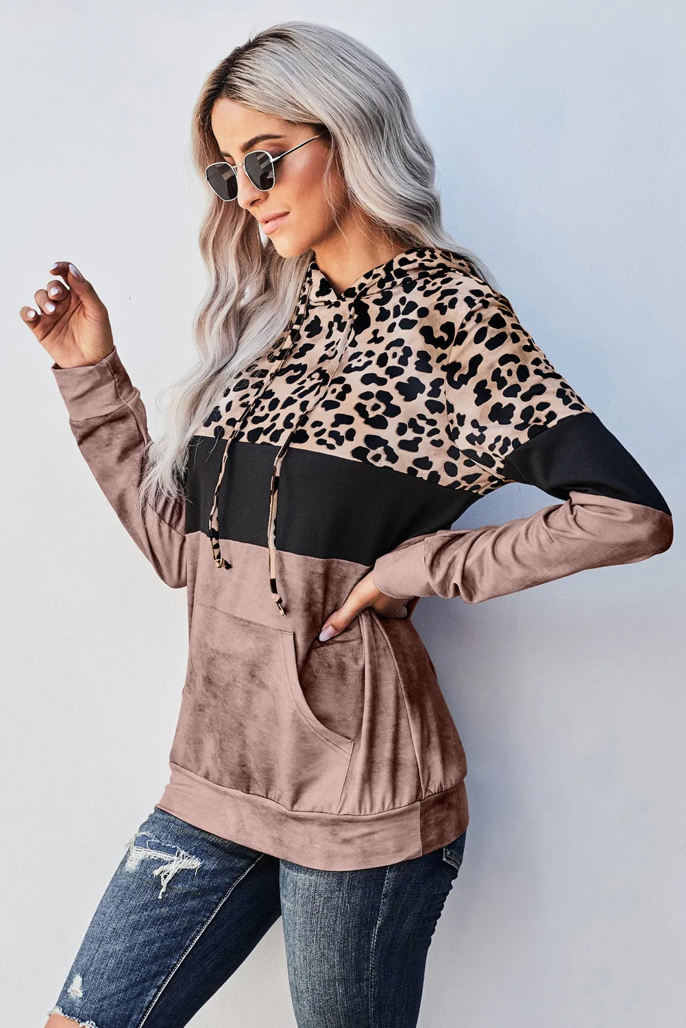 Brown Leopard Tie Dye Colorblock Hoodie