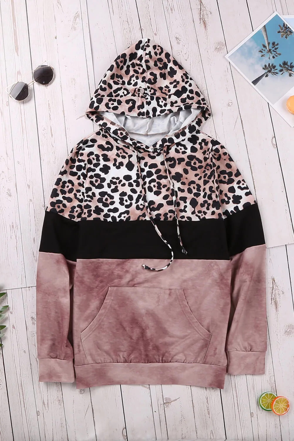 Brown Leopard Tie Dye Colorblock Hoodie