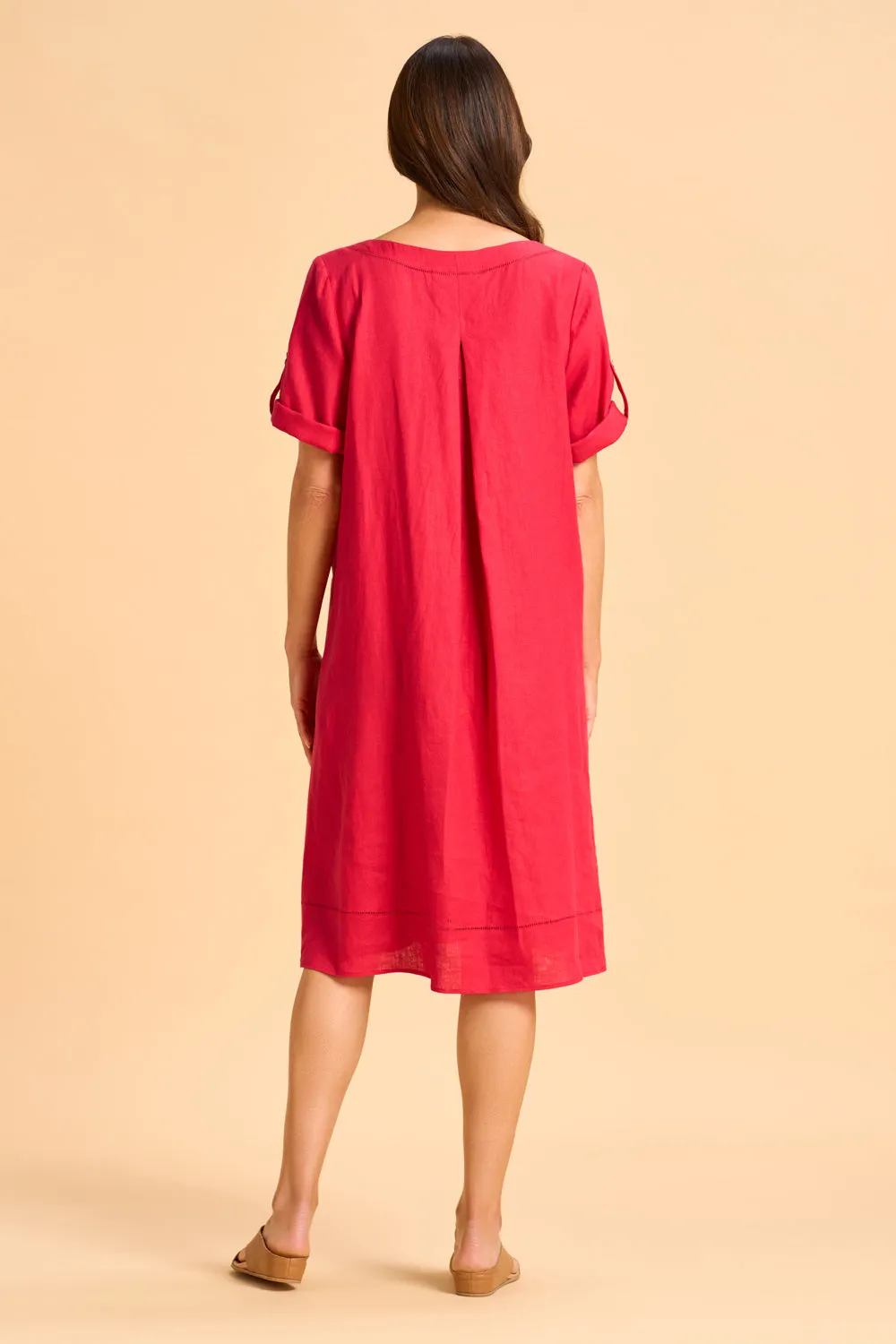 Button Detail Linen Dress - Rouge