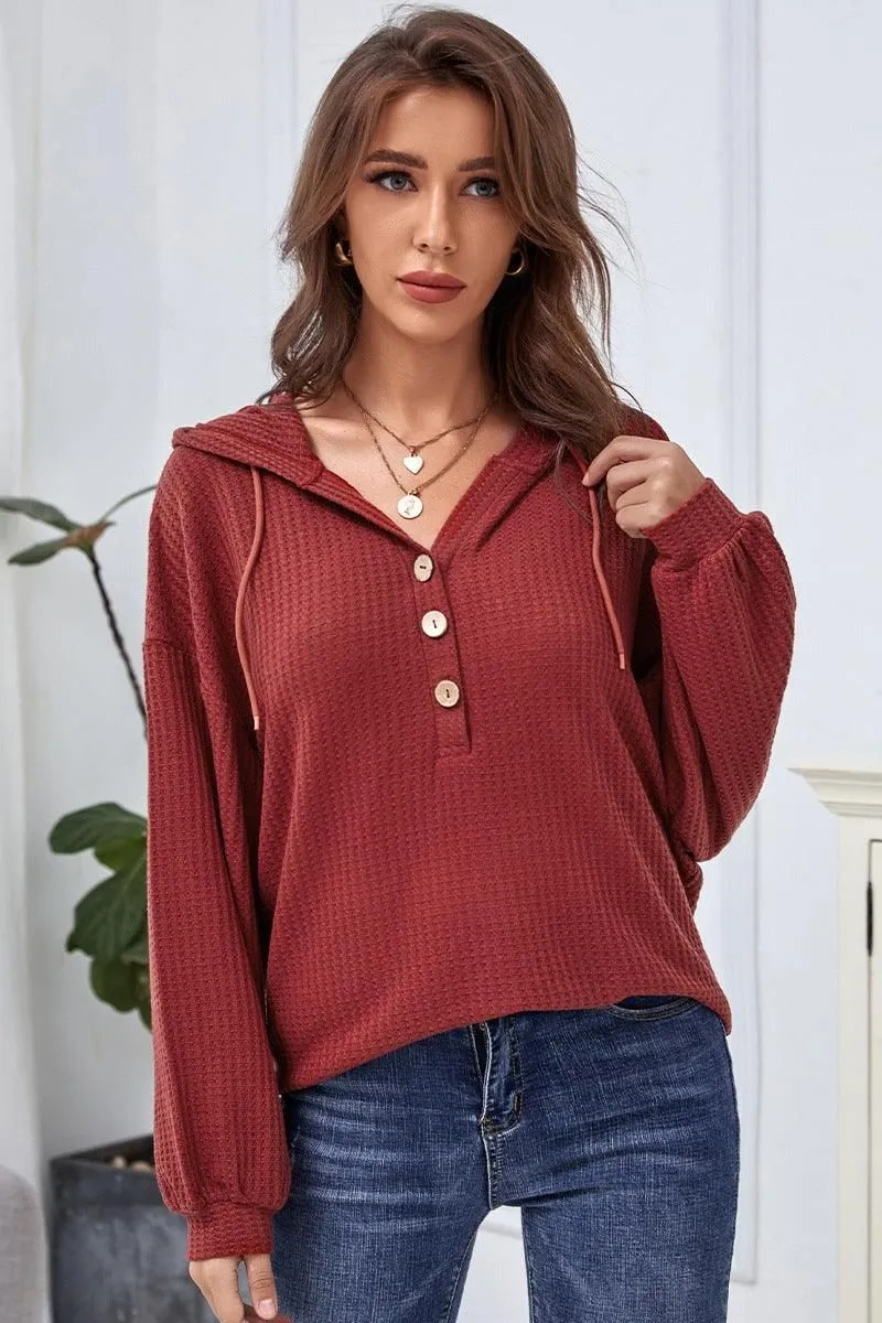 CASUAL SOLID COLOR BUTTON LOOSE HOODIE SWEATER