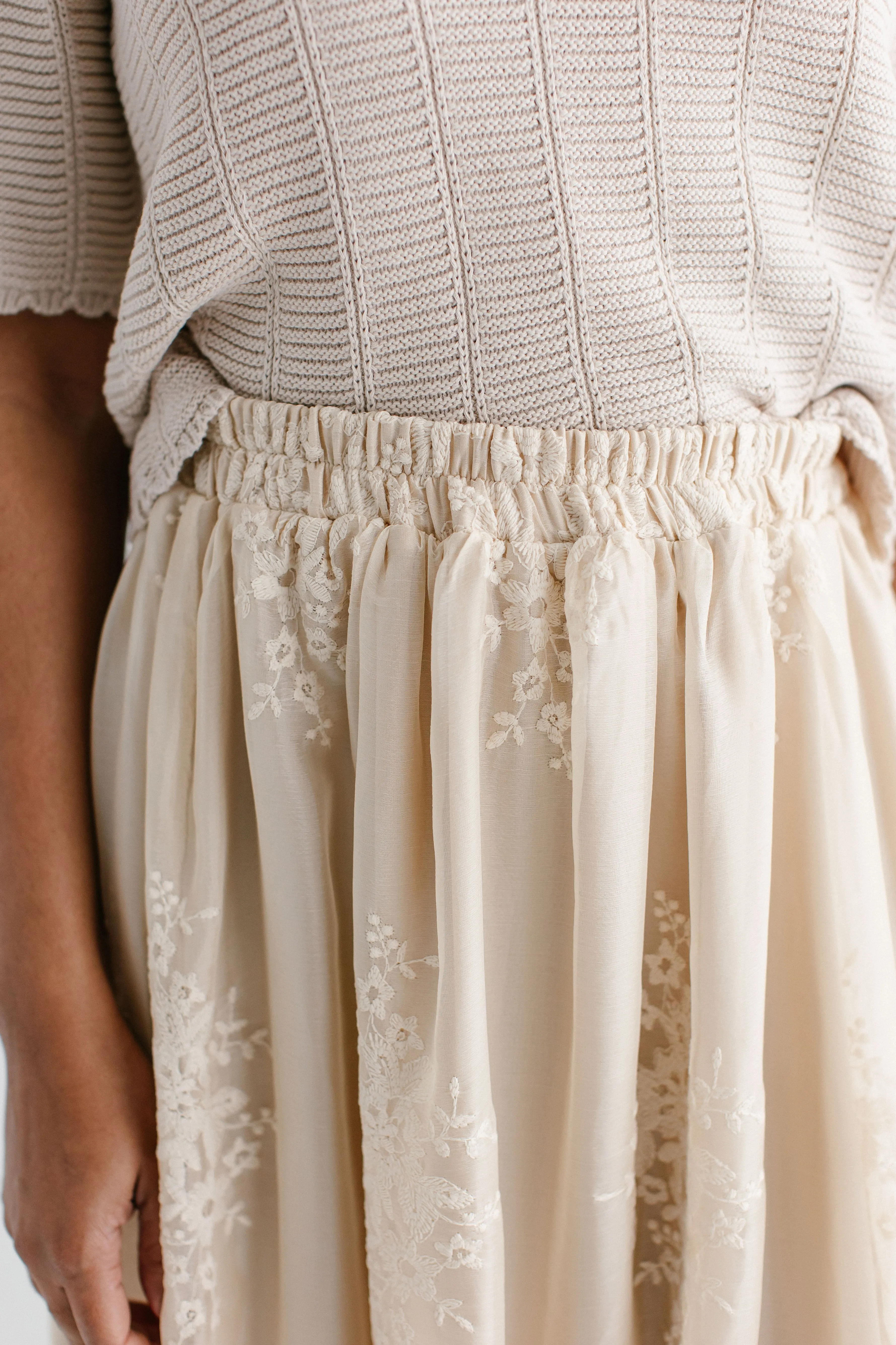 'Celeste' Embroidered A-Line Maxi Skirt in Champagne