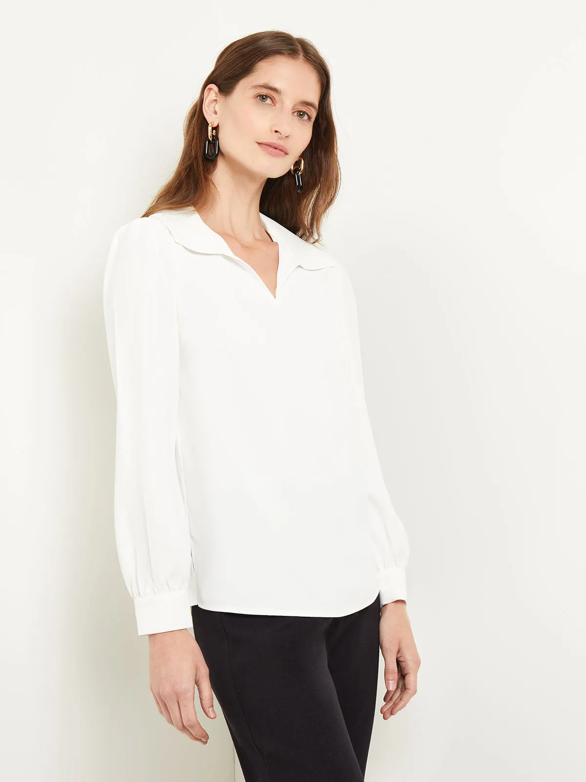 Collared V-Neck Blouse - Crepe de Chine