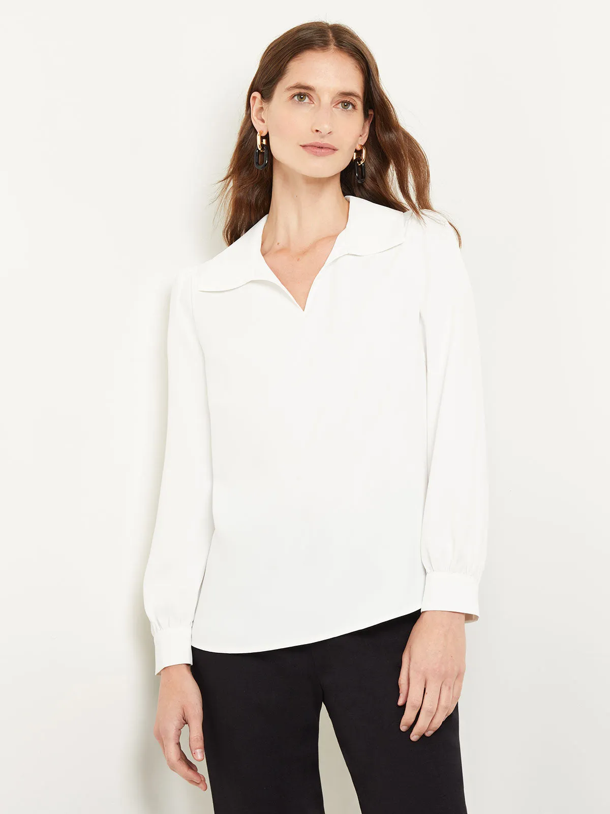 Collared V-Neck Blouse - Crepe de Chine